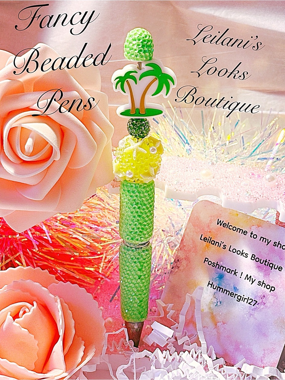 Beaded Palm Tree Top Green Bling Pen/ Fancy beaded Pen/gifts/starfish bead/